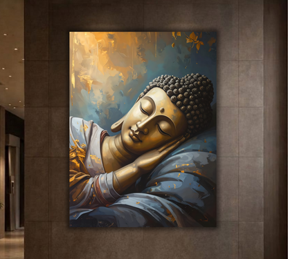 Reclining Golden Buddha Canvas Print - Soft Blue & Gold Meditative Wall Art