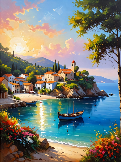 Mediterranean Coastal Village Canvas Print - Sunlit Harbor & Beach Landscape Wall Art