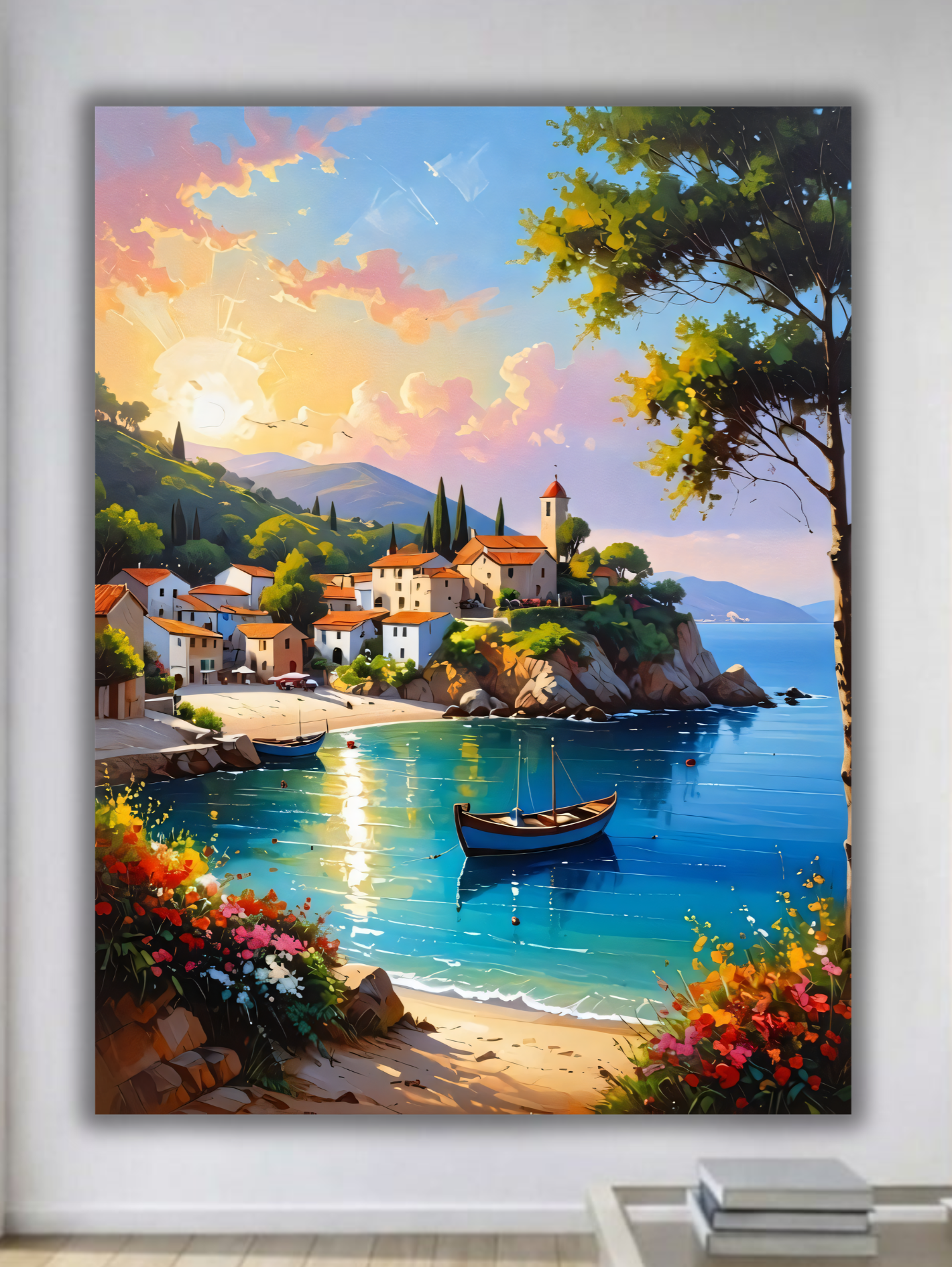 Mediterranean Coastal Village Canvas Print - Sunlit Harbor & Beach Landscape Wall Art