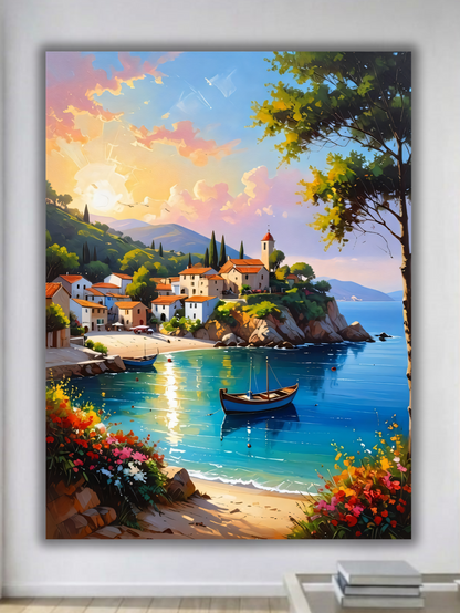 Mediterranean Coastal Village Canvas Print - Sunlit Harbor & Beach Landscape Wall Art