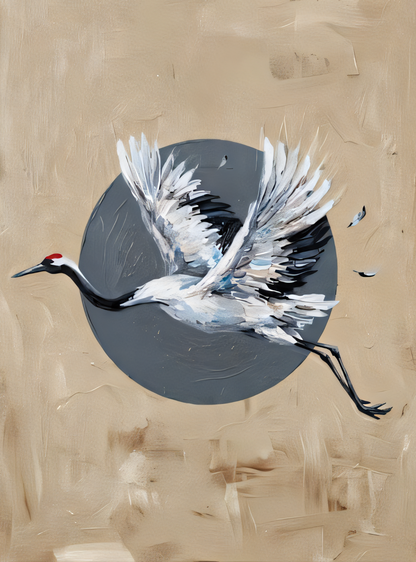 Japanese Red-Crowned Crane Canvas Print - Modern Asian Impasto Bird Wall Art