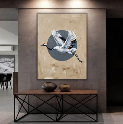 Japanese Red-Crowned Crane Canvas Print - Modern Asian Impasto Bird Wall Art
