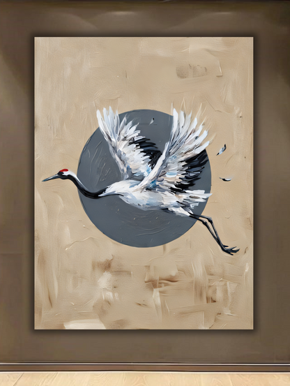 Japanese Red-Crowned Crane Canvas Print - Modern Asian Impasto Bird Wall Art