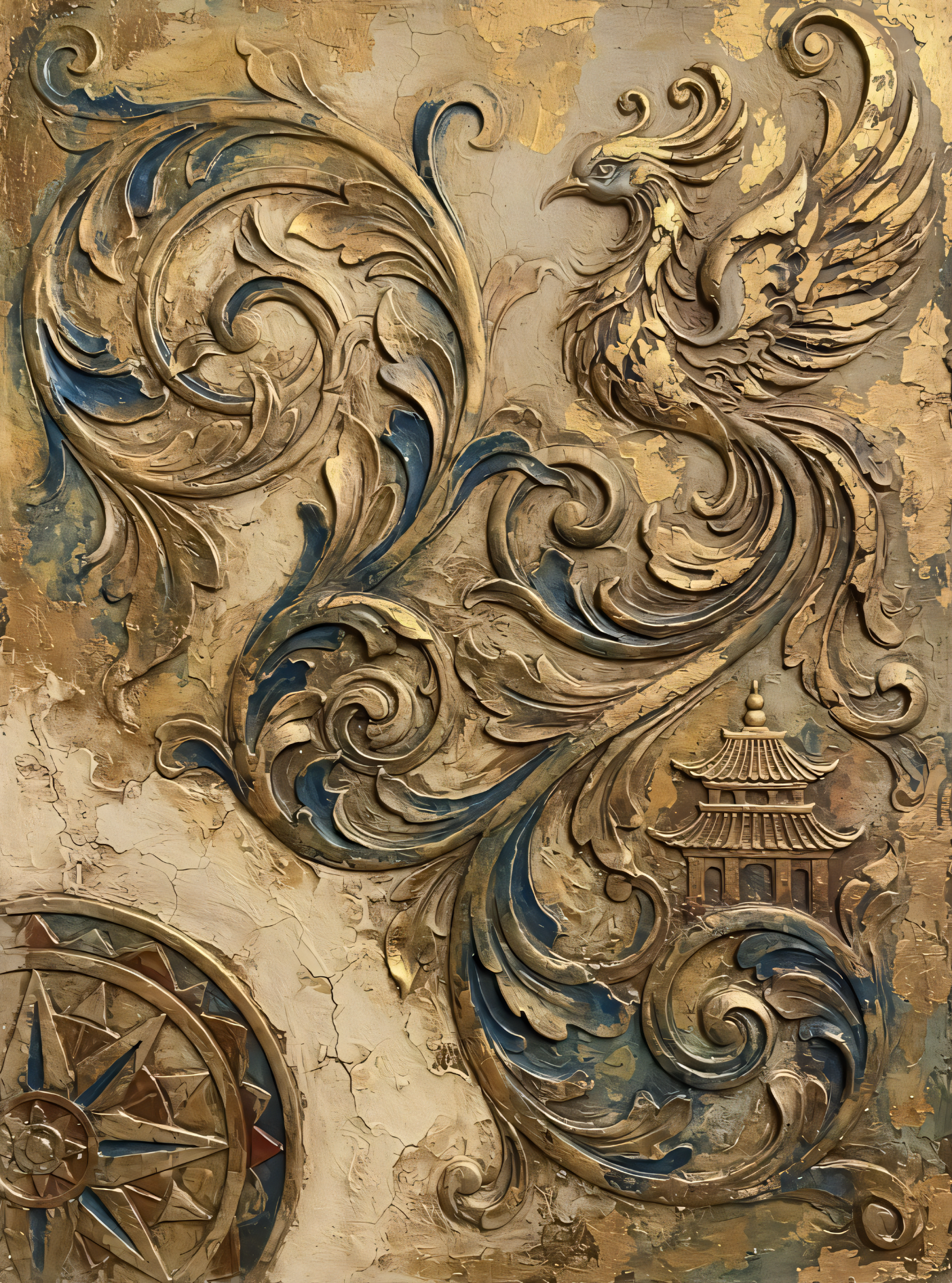 Baroque Phoenix & Pagoda Canvas Print - 3D Gold & Teal Relief Wall Art