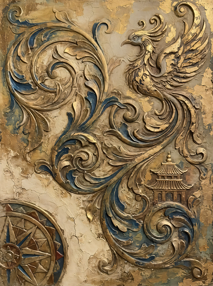 Baroque Phoenix & Pagoda Canvas Print - 3D Gold & Teal Relief Wall Art