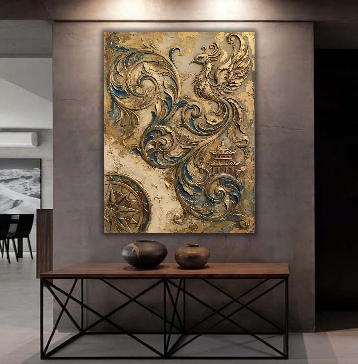 Baroque Phoenix & Pagoda Canvas Print - 3D Gold & Teal Relief Wall Art