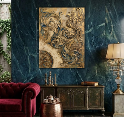 Baroque Phoenix & Pagoda Canvas Print - 3D Gold & Teal Relief Wall Art