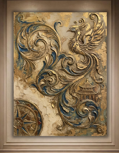 Baroque Phoenix & Pagoda Canvas Print - 3D Gold & Teal Relief Wall Art