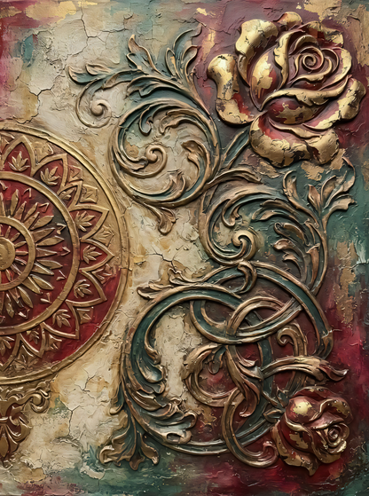 Baroque Rose & Mandala Canvas Print - 3D Crimson & Gold Wall Art
