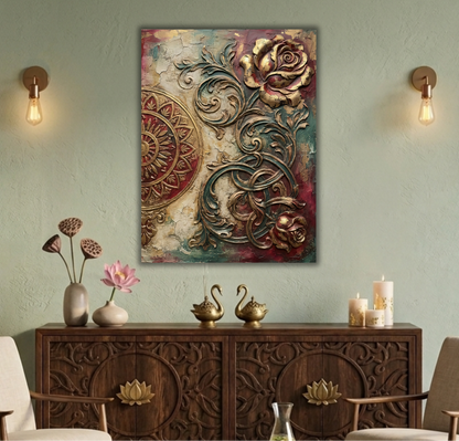 Baroque Rose & Mandala Canvas Print - 3D Crimson & Gold Wall Art
