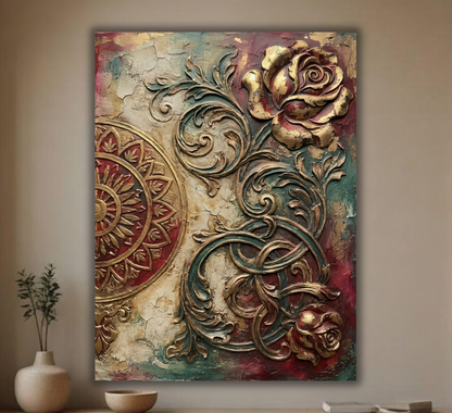Baroque Rose & Mandala Canvas Print - 3D Crimson & Gold Wall Art