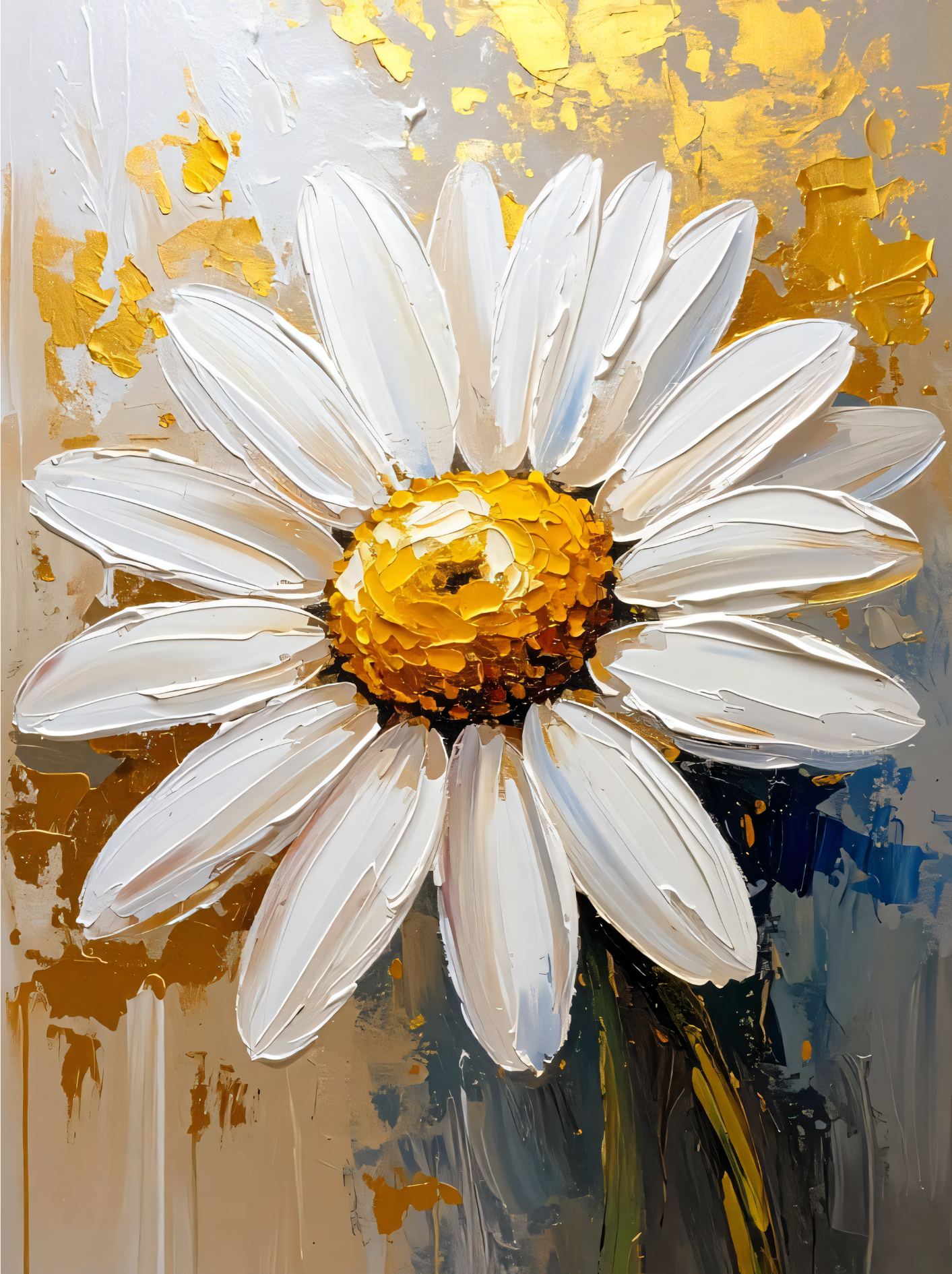 Golden White Daisy Diptych Canvas Print Set - 2-Piece Modern Impasto Botanical Wall Art