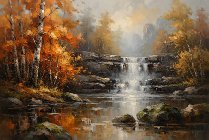Autumn Forest Waterfall Canvas Print - Modern Impasto Birch Tree Landscape Wall Art