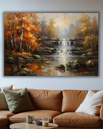 Autumn Forest Waterfall Canvas Print - Modern Impasto Birch Tree Landscape Wall Art