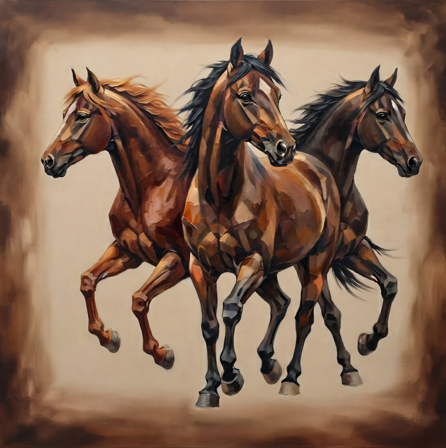 Three Wild Horses Canvas Print - Modern Faceted Impasto Equestrian Wall Art