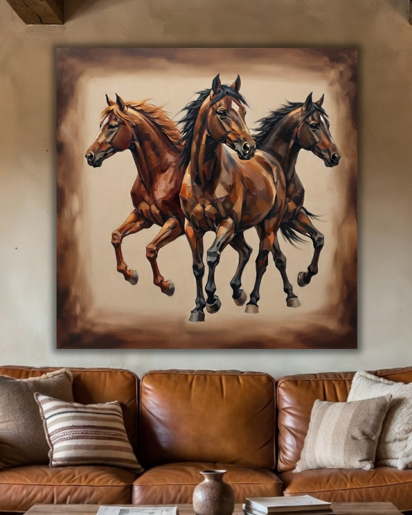 Three Wild Horses Canvas Print - Modern Faceted Impasto Equestrian Wall Art