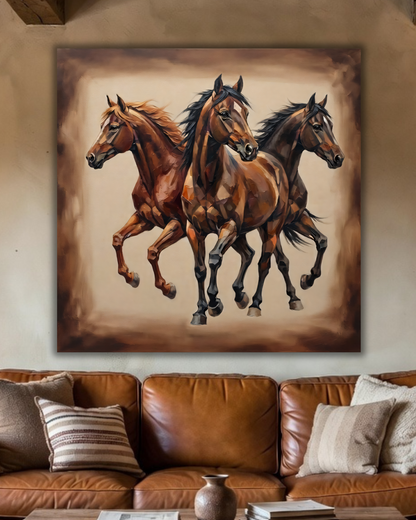 Three Wild Horses Canvas Print - Modern Faceted Impasto Equestrian Wall Art
