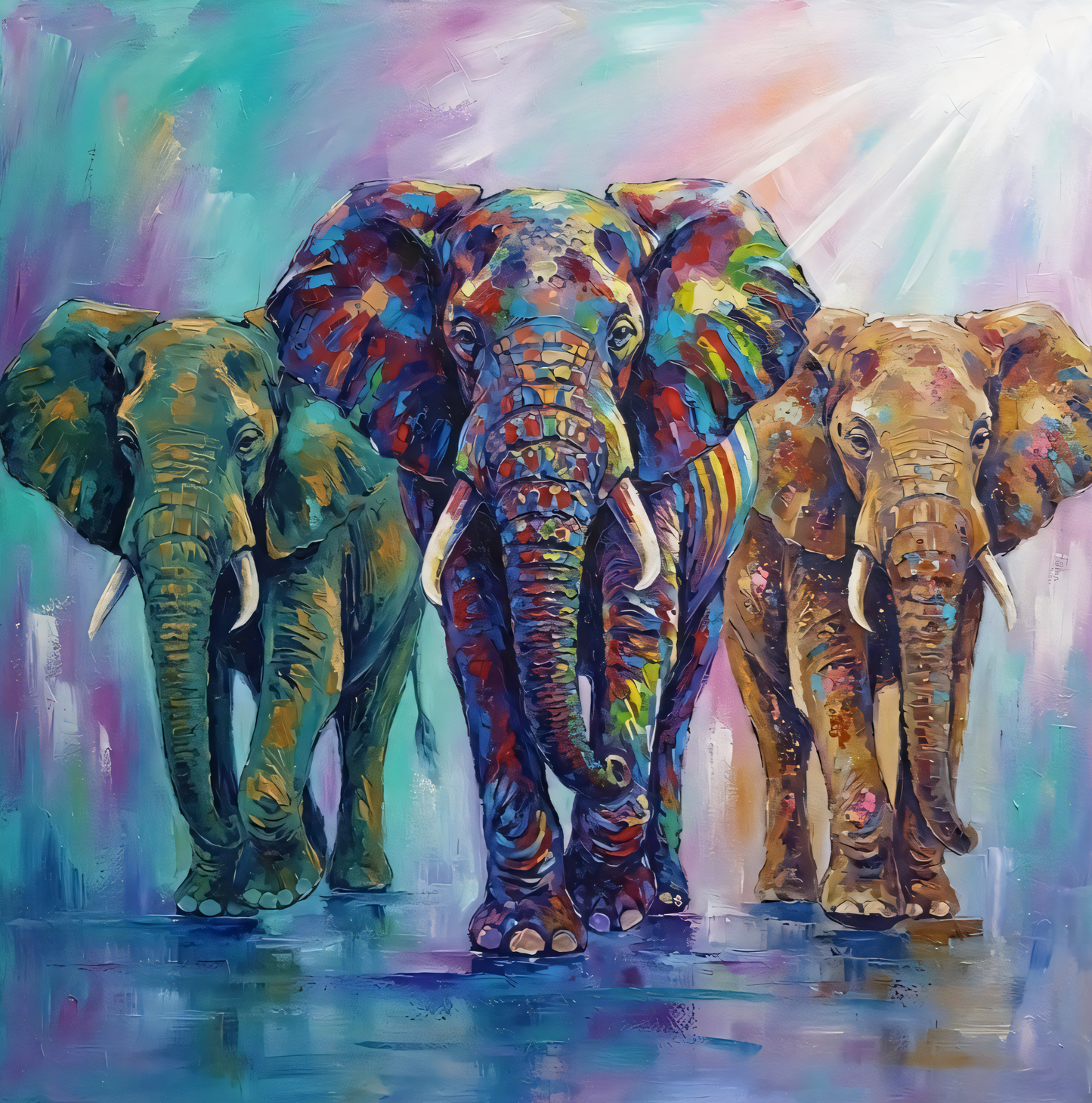 Three Elephants Canvas Print - Vibrant Impasto Wildlife Wall Art