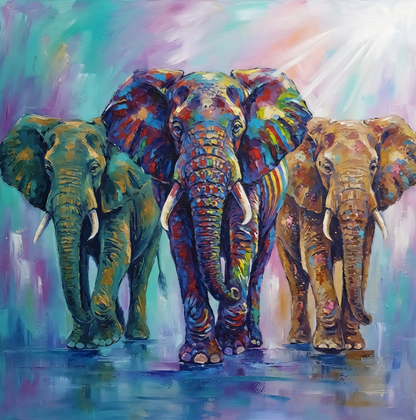 Three Elephants Canvas Print - Vibrant Impasto Wildlife Wall Art