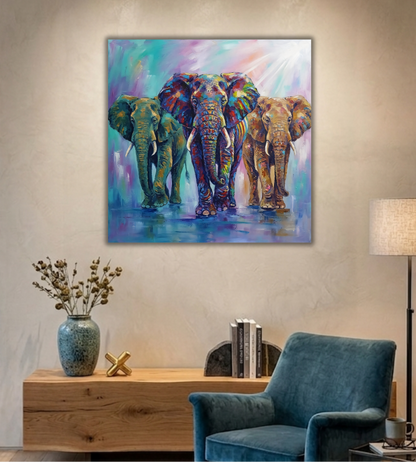Three Elephants Canvas Print - Vibrant Impasto Wildlife Wall Art