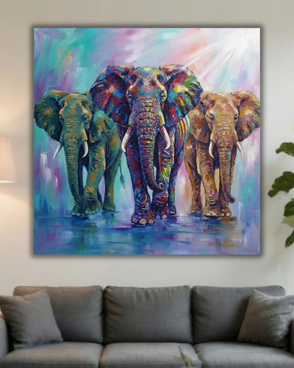 Three Elephants Canvas Print - Vibrant Impasto Wildlife Wall Art