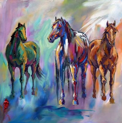 Three Wild Horses Canvas Print - Vibrant Expressionist Impasto Equestrian Wall Art