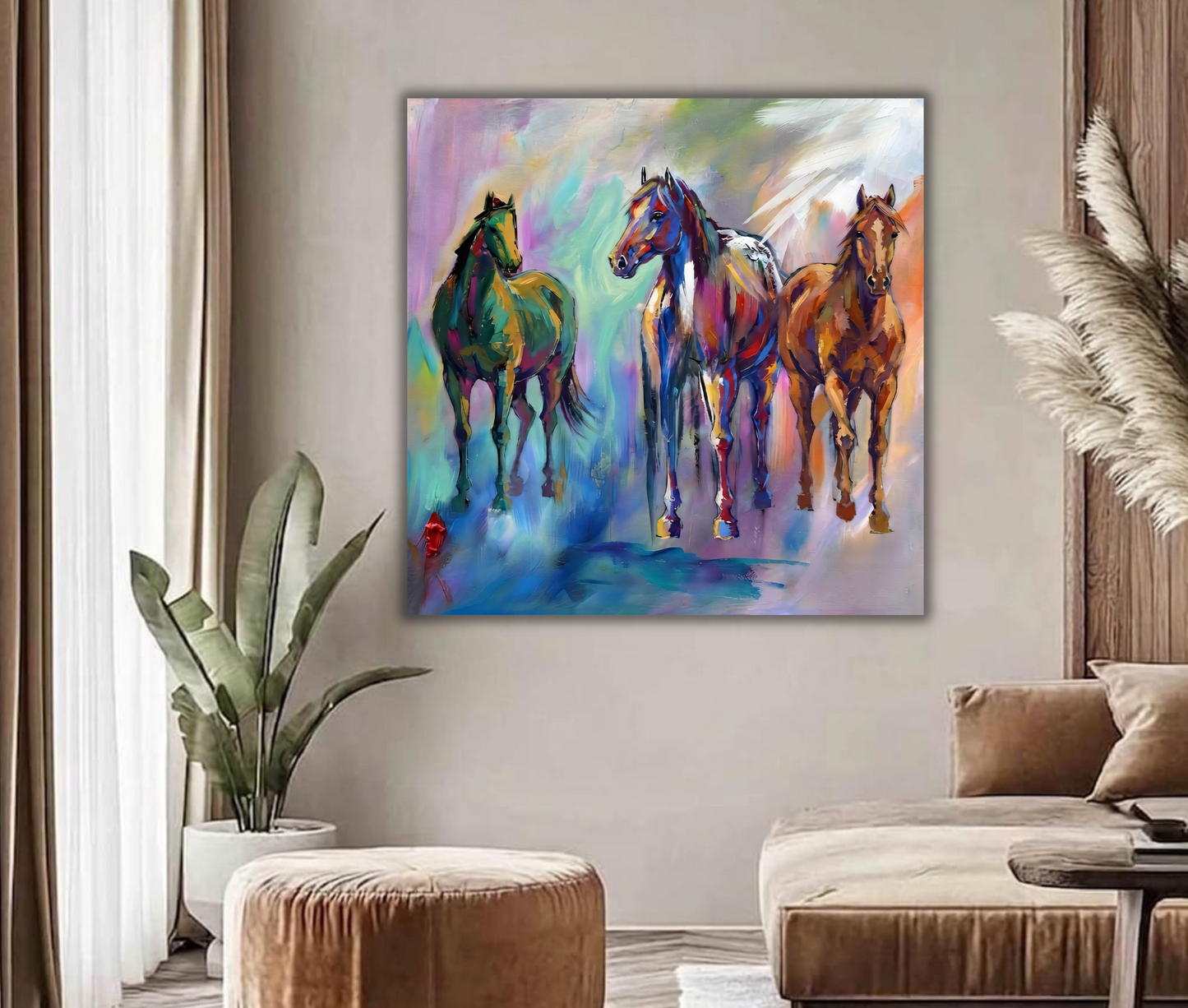 Three Wild Horses Canvas Print - Vibrant Expressionist Impasto Equestrian Wall Art