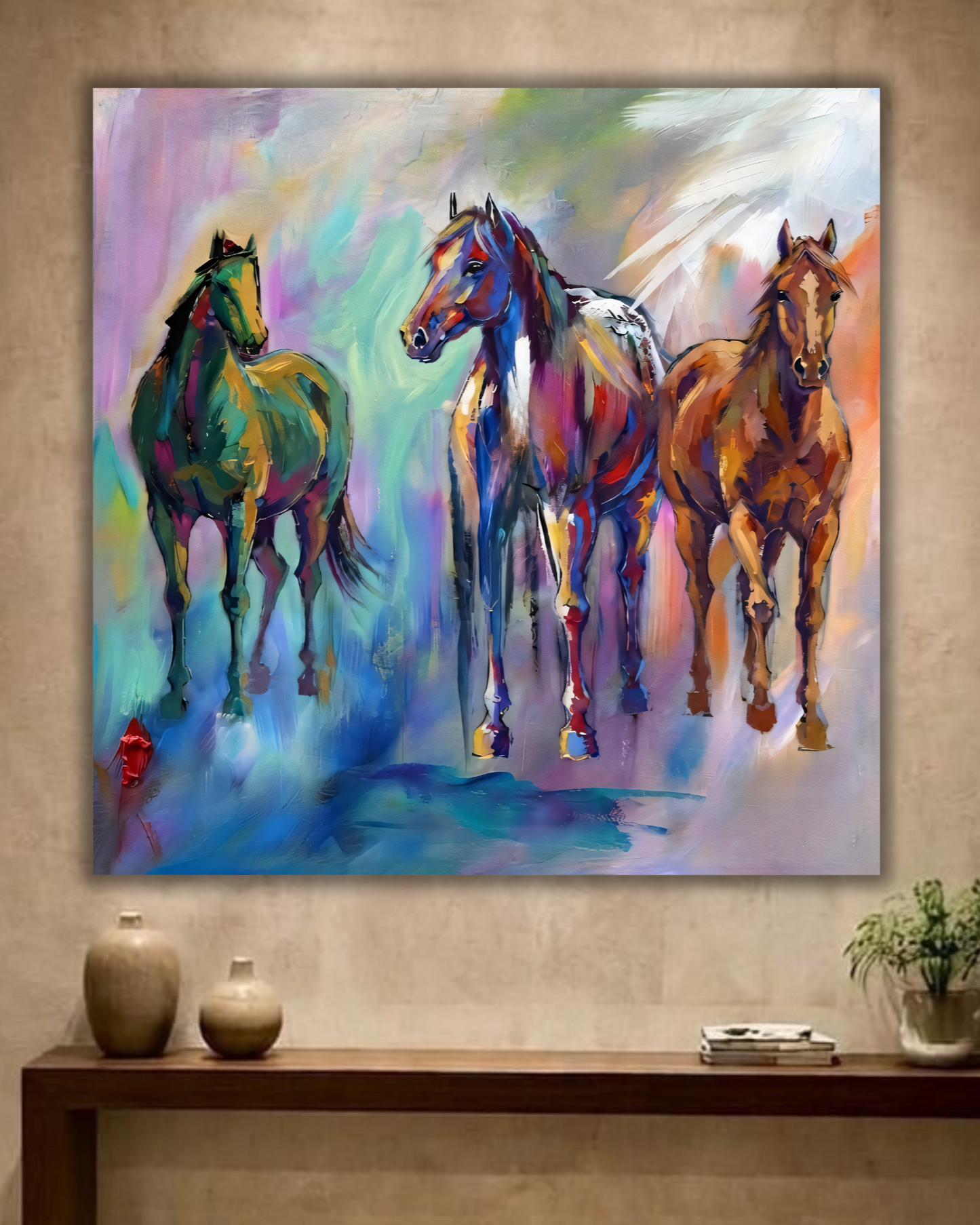Three Wild Horses Canvas Print - Vibrant Expressionist Impasto Equestrian Wall Art