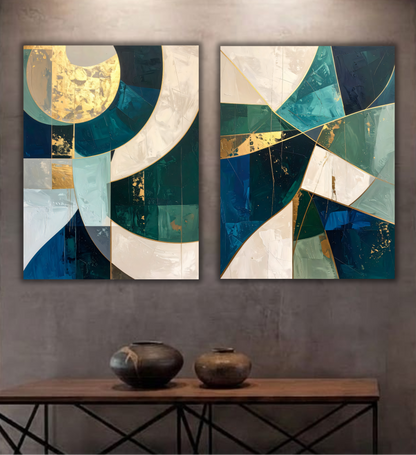 Modern Teal & Gold Abstract Diptych Canvas Print Set - 2-Piece Geometric Wall Art