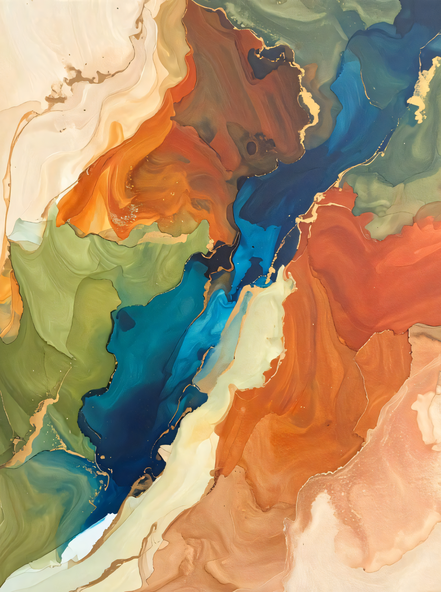 Modern Terracotta & Teal Fluid Alcohol Ink Canvas Print - Abstract Marble Vein Wall Art