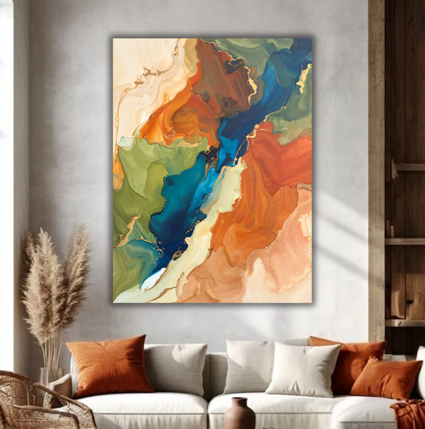 Modern Terracotta & Teal Fluid Alcohol Ink Canvas Print - Abstract Marble Vein Wall Art