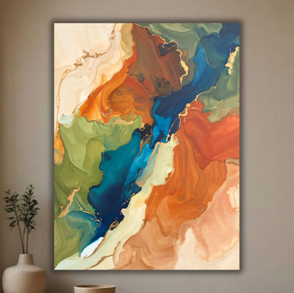 Modern Terracotta & Teal Fluid Alcohol Ink Canvas Print - Abstract Marble Vein Wall Art