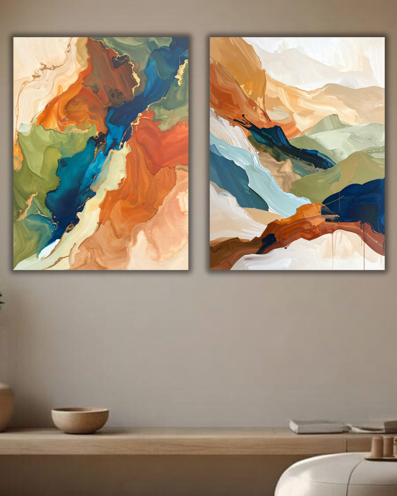 Modern Terracotta & Teal Abstract Diptych Canvas Print Set - 2-Piece Landscape & Fluid Wall Art