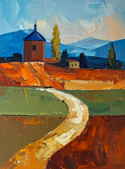 Tuscan Countryside Canvas Print - Modern Impasto Mediterranean Landscape Wall Art