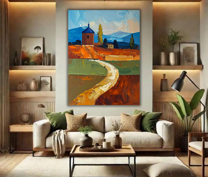 Tuscan Countryside Canvas Print - Modern Impasto Mediterranean Landscape Wall Art