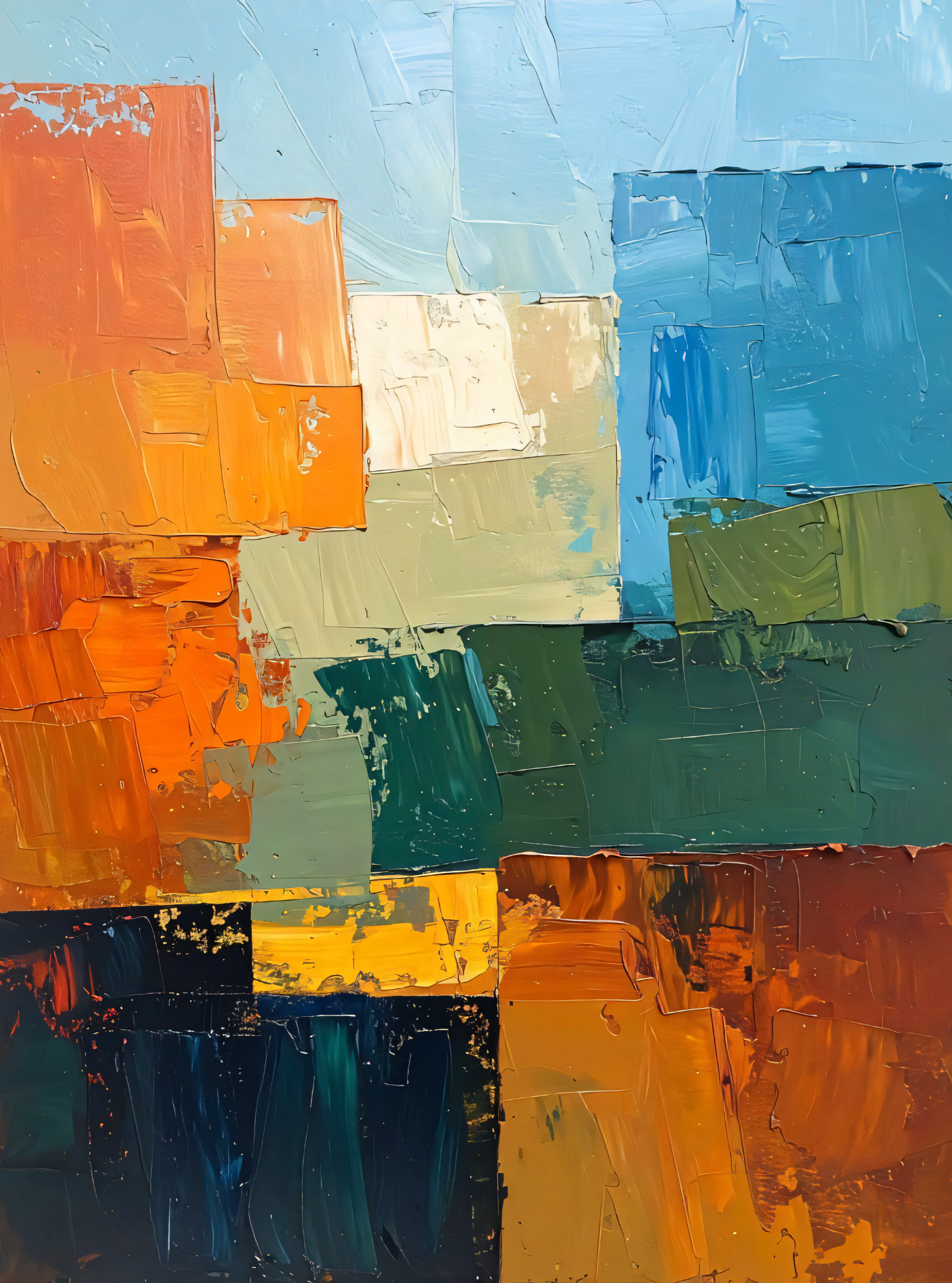 Modern Terracotta & Cobalt Impasto Canvas Print - Abstract Palette Knife Geometric Wall Art