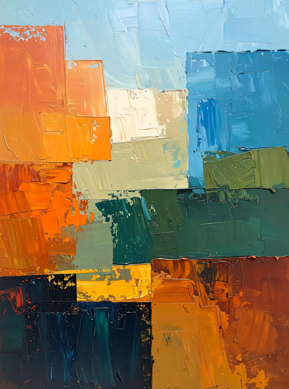 Modern Terracotta & Cobalt Impasto Canvas Print - Abstract Palette Knife Geometric Wall Art