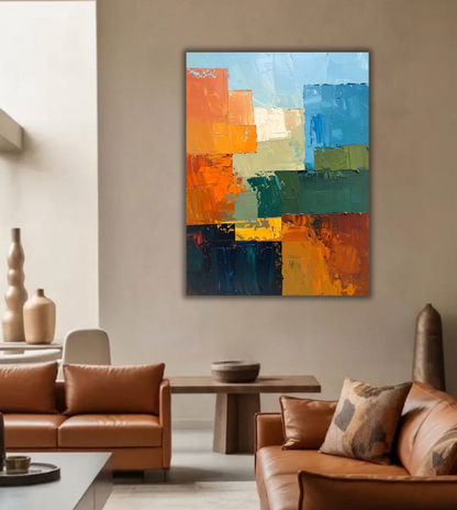 Modern Terracotta & Cobalt Impasto Canvas Print - Abstract Palette Knife Geometric Wall Art