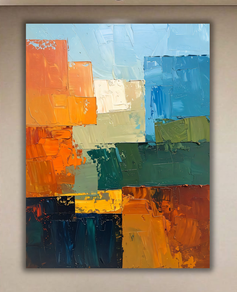 Modern Terracotta & Cobalt Impasto Canvas Print - Abstract Palette Knife Geometric Wall Art