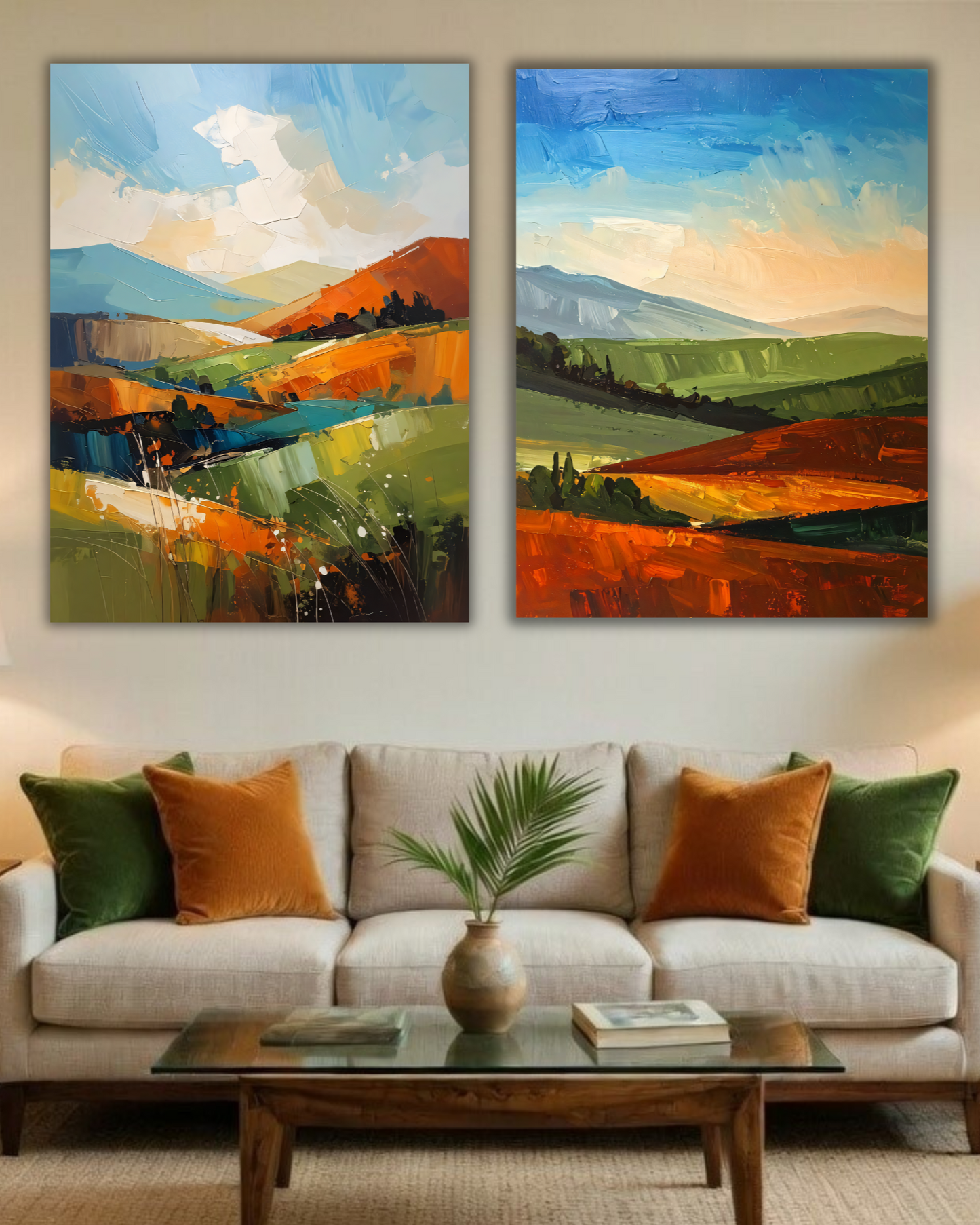 Tuscan Countryside Abstract Diptych Canvas Print Set - 2-Piece Modern Impressionist Landscape Wall Art