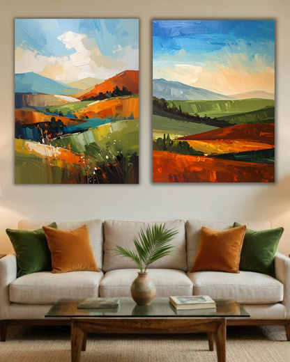 Tuscan Countryside Abstract Diptych Canvas Print Set - 2-Piece Modern Impressionist Landscape Wall Art