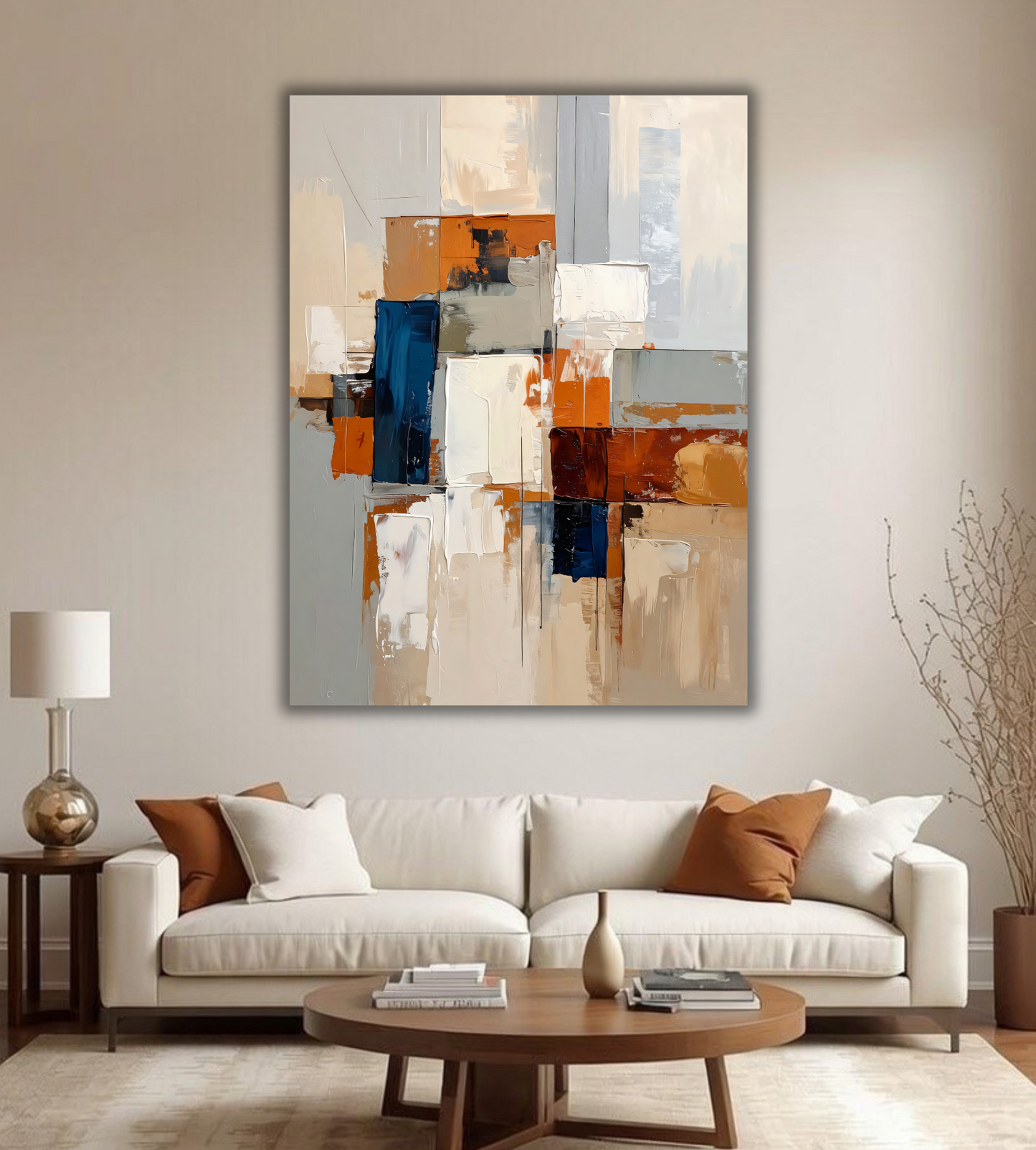 Modern Terracotta & Navy Geometric Canvas Print - Abstract Palette Knife Block Wall Art