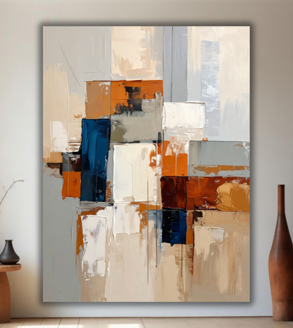 Modern Terracotta & Navy Geometric Canvas Print - Abstract Palette Knife Block Wall Art