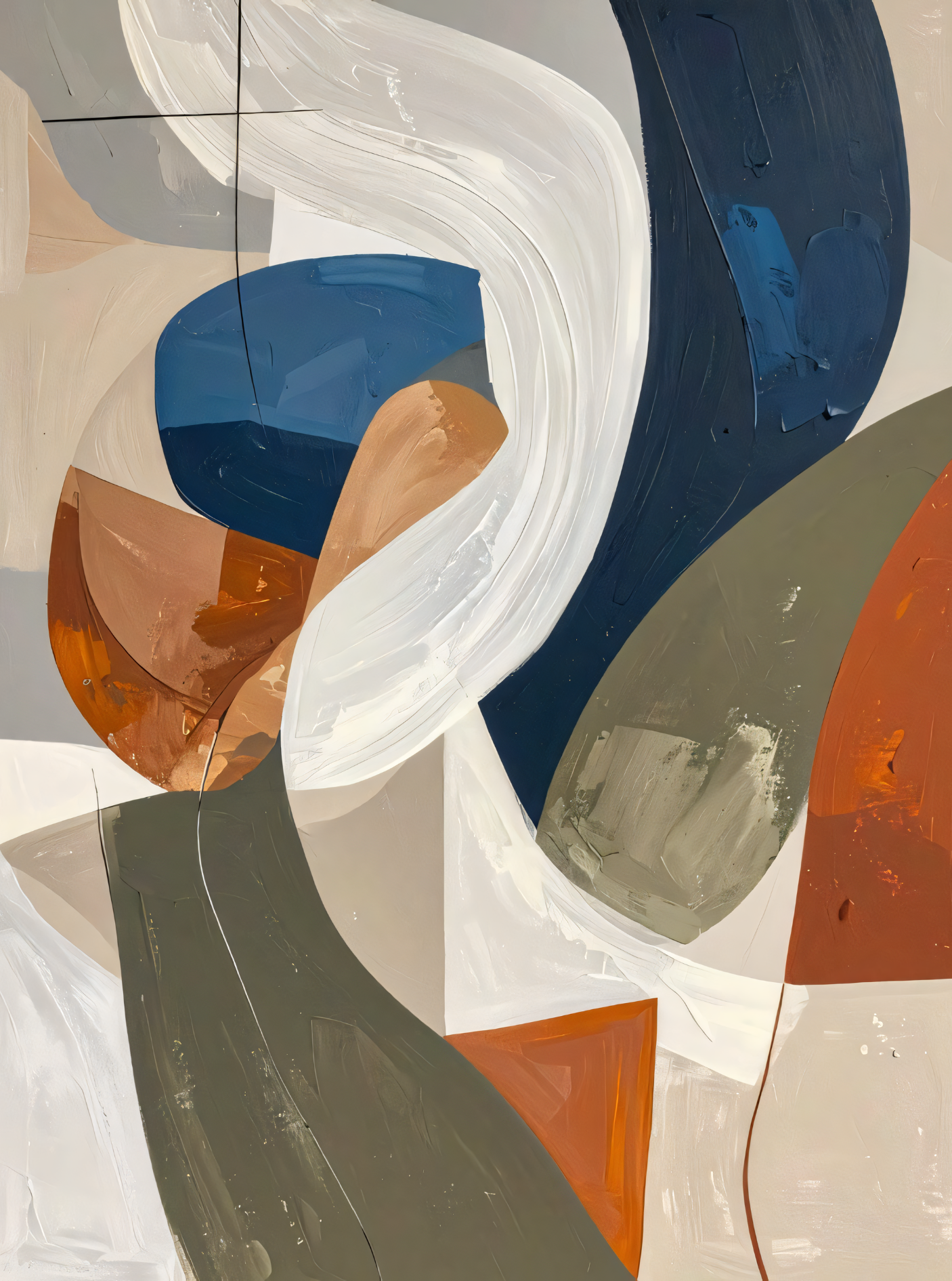 Modern Terracotta & Navy Abstract Canvas Print - Sweeping Impasto Wave Wall Art