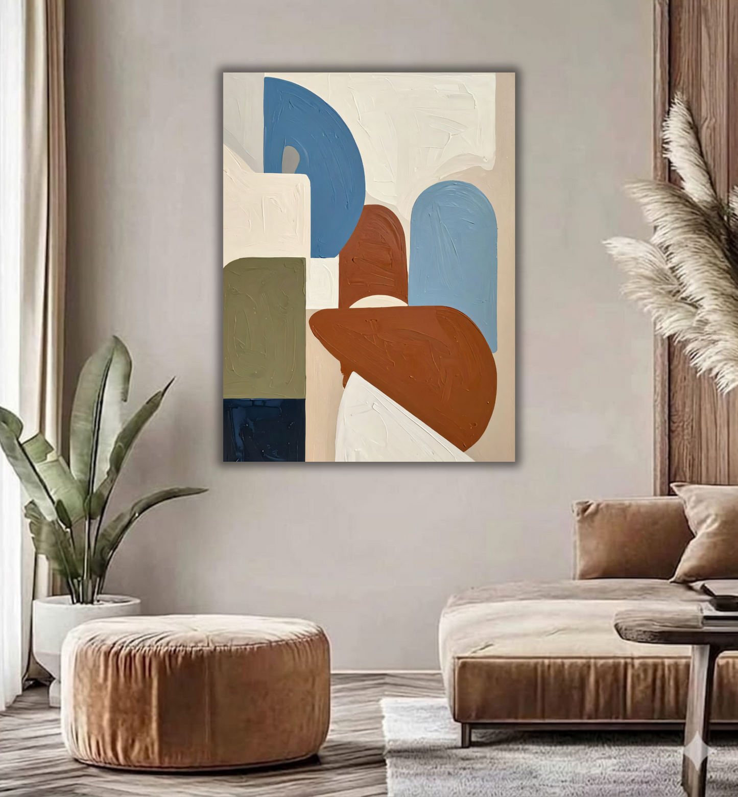 Modern Terracotta & Slate Blue Abstract Canvas Print - Minimalist Geometric Arch Wall Art