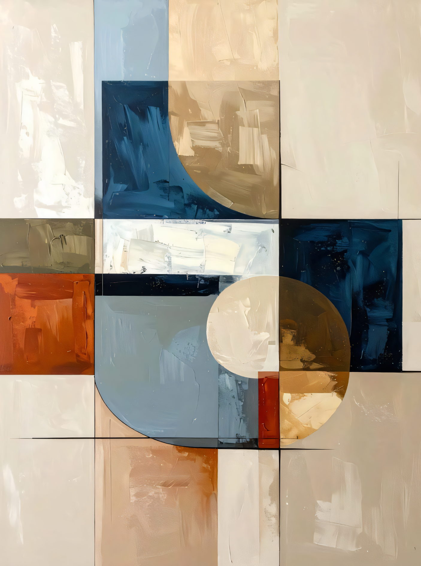 Modern Indigo & Beige Geometric Canvas Print - Abstract Circle & Grid Wall Art