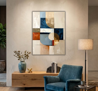 Modern Indigo & Beige Geometric Canvas Print - Abstract Circle & Grid Wall Art