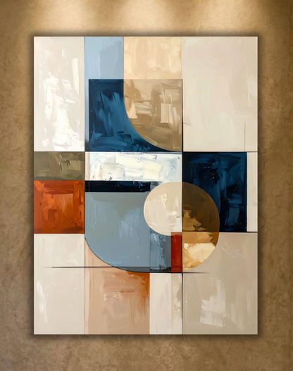 Modern Indigo & Beige Geometric Canvas Print - Abstract Circle & Grid Wall Art
