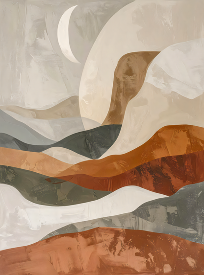 Modern Terracotta & Slate Gray Crescent Moon Canvas Print - Abstract Organic Waves Wall Art
