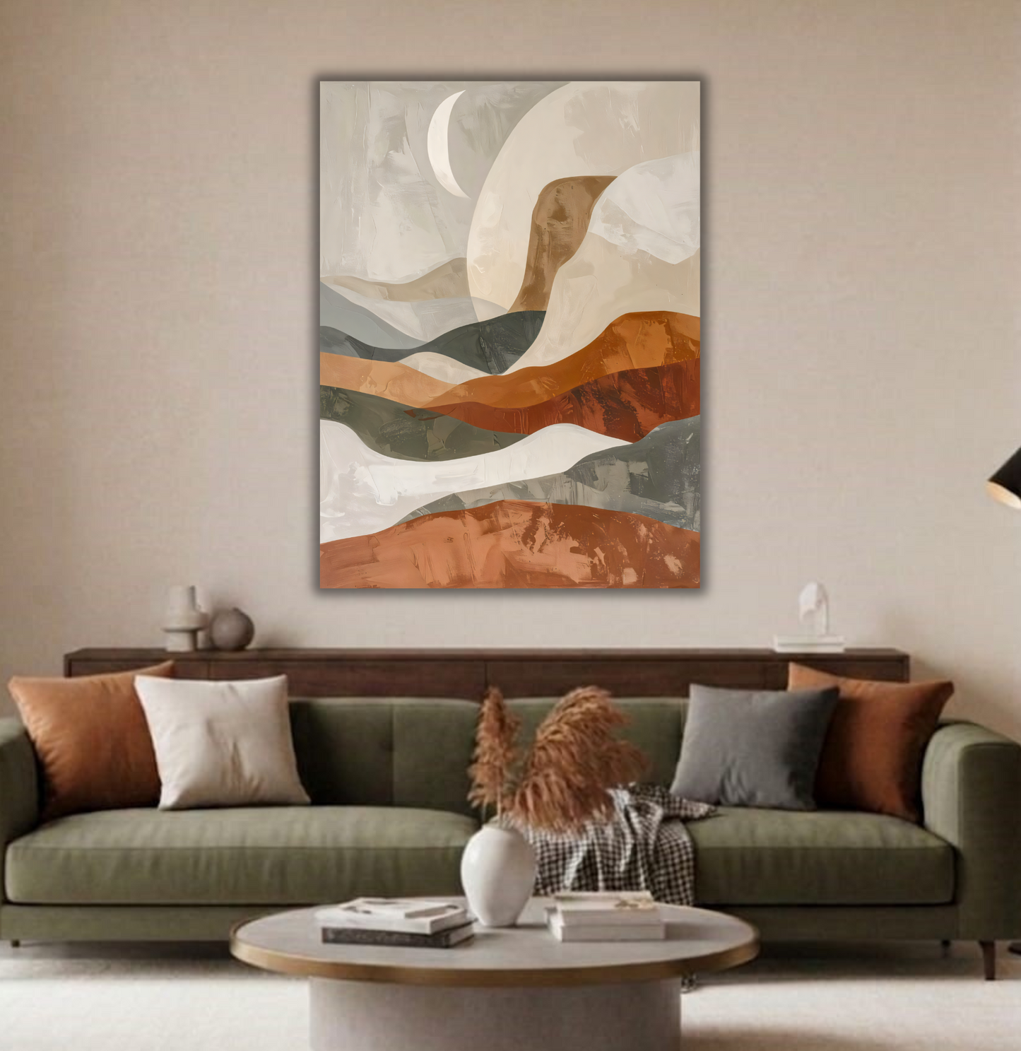 Modern Terracotta & Slate Gray Crescent Moon Canvas Print - Abstract Organic Waves Wall Art
